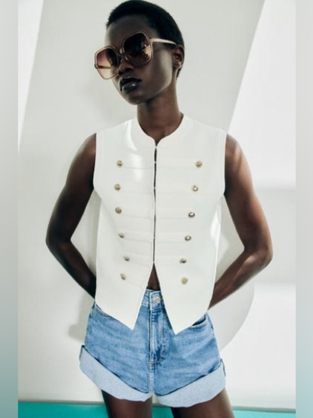 Zara Cream Gold Button Military Knit Vest Top Size Large